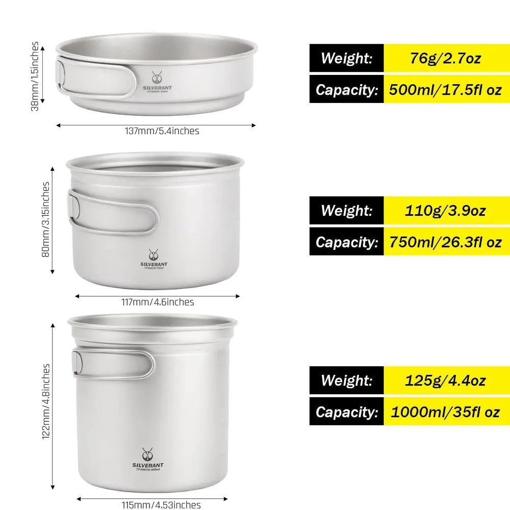 SilverAnt Ultralight 3-Piece Titanium Camping Cookware Set 超輕 3 件套鈦野營炊具套裝(750ml中鈦鍋、1000ml大鈦鍋、煎Pan) - 遠野倉庫 Yuenye Warehouse