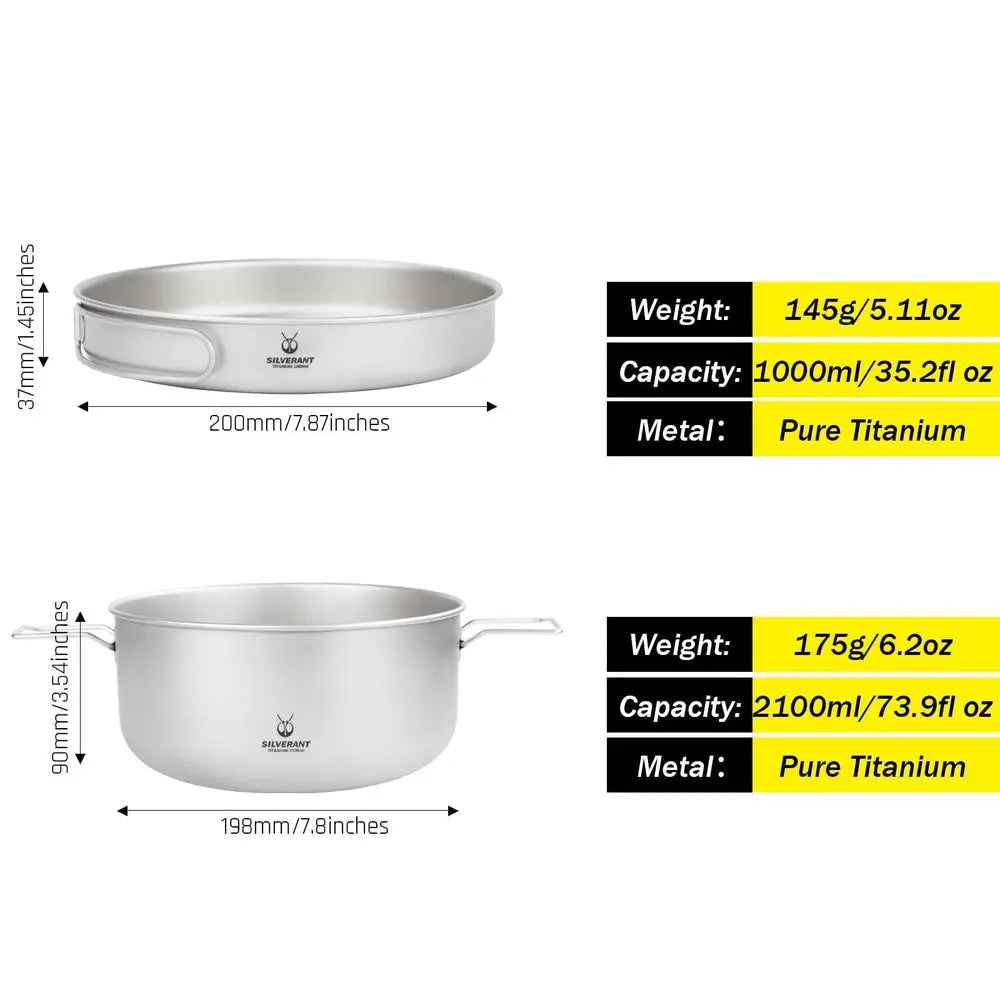 SilverAnt Large 2-Piece Titanium Pot & Pan Camping Cookware Set 大型 2 件套野營炊具套裝(2100ml鈦鍋、煎pan) - 遠野倉庫 Yuenye Warehouse