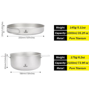 SilverAnt Large 2-Piece Titanium Pot & Pan Camping Cookware Set 大型 2 件套野營炊具套裝(2100ml鈦鍋、煎pan) - 遠野倉庫 Yuenye Warehouse