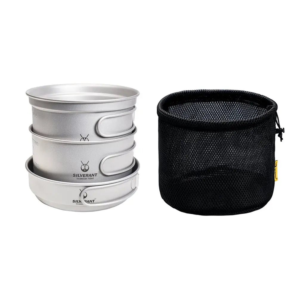SilverAnt Ultralight 3-Piece Titanium Camping Cookware Set 超輕 3 件套鈦野營炊具套裝(750ml中鈦鍋、1000ml大鈦鍋、煎Pan) - 遠野倉庫 Yuenye Warehouse