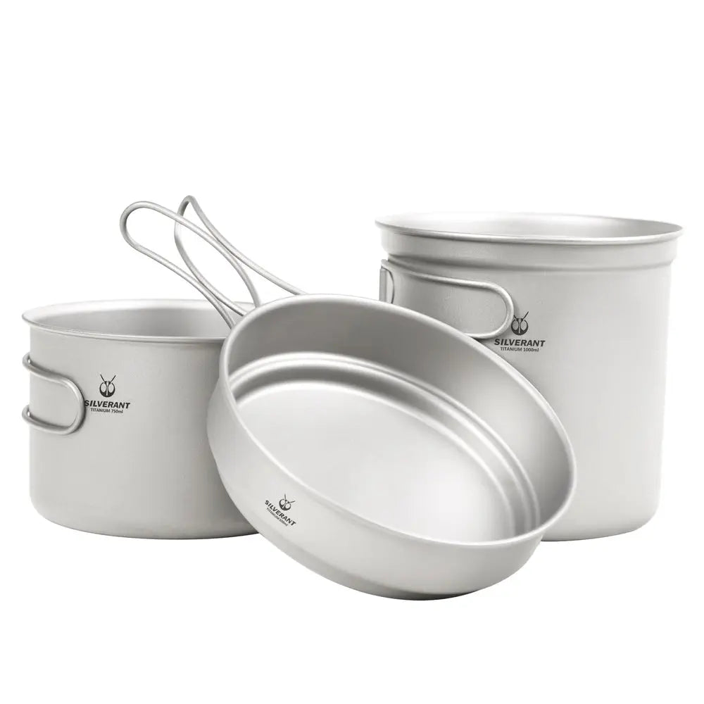 SilverAnt Ultralight 3-Piece Titanium Camping Cookware Set 超輕 3 件套鈦野營炊具套裝(750ml中鈦鍋、1000ml大鈦鍋、煎Pan) - 遠野倉庫 Yuenye Warehouse